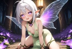 ai_assisted ai_generated animal antenna_hair bangs bare_shoulders blue_butterfly blue_wings blurry blurry_background blush breasts bug butterfly butterfly_on_hand butterfly_wings collarbone crystal dress elf fairy fairy_wings female flirtzy.ai flower glowing_butterfly hair_between_eyes insect_wings kokkoro_(princess_connect! looking_at_viewer nipples open_mouth outdoors pink_flower pointy_ears purple_eyes purple_flower short_hair silver_hair sitting small_breasts smile solo thigh_strap tree white_butterfly wings yellow_butterfly