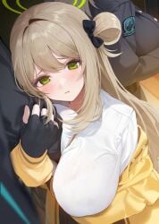 1other 2girls :t black_bow black_gloves blue_archive blurry blush bow breast_press breasts brown_hair closed_mouth depth_of_field fingerless_gloves gloves grabbing_another's_arm green_eyes green_halo hair_between_eyes hair_intakes hair_ornament hair_rings hairbow halo highlander_railway_academy_logo highres huge_breasts long_hair long_sleeves looking_at_viewer medium_hair multiple_girls nonomi_(blue_archive) pout revision shirt single_hair_ring solo_focus suou_(blue_archive) white_shirt xiujia_yihuizi