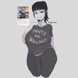 1girls bbw belly big_belly big_breasts big_penis chubby chubby_female erection_under_clothes female full-package_futa fully_clothed futanari jeteggs large_breasts large_penis meme meme_reference monochrome original ponytail reference_image sharp_teeth shirt solo solo_focus text_on_clothing thick thick_thighs thighs tshirt yoga_pants