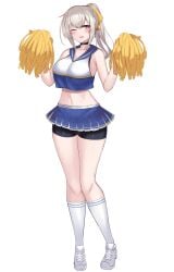 ;d amahara_kuon armpits bare_arms bare_shoulders bike_shorts bike_shorts_under_skirt black_choker black_shorts blue_skirt blush breasts brown_eyes cheerleader choker cleavage collarbone crop_top crop_top_overhang female full_body grey_hair hair_ribbon hands_up highres holding holding_pom_poms kneehighs kutan large_breasts long_hair looking_at_viewer midriff miniskirt navel one_eye_closed open_mouth original pleated_skirt pom_pom_(cheerleading) ponytail ribbon sailor_collar shirt shoes short_shorts shorts shorts_under_skirt sideboob simple_background skirt sleeveless sleeveless_shirt smile sneakers socks solo standing stomach thighs transparent_background variant_set white_background white_socks yellow_eyes