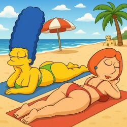 ai_generated ass beach bikini blue_hair breasts breasts cartoon family_guy lois_griffin marge_simpson milf milfs red_hair the_simpsons