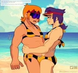 2024 2boys beach blush bobmacvosky brawl_stars bulge buster_(brawl_stars) duo fang_(brawl_stars) gay half-closed_eyes hi_res human human_on_human male male/male male_only narrowed_eyes open_mouth orange_hair purple_hair smile standing sunglasses supercell swimsuit underwear yaoi