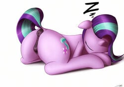 2017 animal_genitalia animal_pussy anus ass cutie_mark equine equine_pussy female feral friendship_is_magic highres horn jeki mammal multicolored_hair my_little_pony pussy simple_background sleeping solo starlight_glimmer unicorn white_background