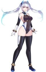 :o amahara_kuon anklet bare_shoulders black_leotard black_thighhighs blue_eyes blue_hair blush boots bracelet breasts celestia_quartz covered_navel elbow_gloves female floating_hair full_body gloves gradient_hair groin headgear high_heels highleg highleg_leotard highres jewelry kutan large_breasts leotard long_hair looking_at_viewer magical_girl multicolored_hair multicolored_leotard open_mouth original sideboob simple_background skin_tight skindentation solo standing thigh_boots thighhighs thighs transparent_background twintails two-tone_leotard v-shaped_eyebrows white_background white_gloves white_hair