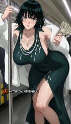 ai_generated banknote bare_shoulders beads black_dress black_hair blush breasts cleavage coat collarbone covered_navel cum cum_on_body cum_on_breasts cum_on_clothes cum_on_legs dress female fubuki_(one-punch_man) fur_coat green_dress green_eyes holding holding_money huge_breasts indoors jacket jewelry large_breasts leaning_forward long_sleeves looking_at_viewer meitabuu money necklace off_shoulder one-punch_man open_clothes open_coat parted_lips pearl_necklace pole pole_dancing prostitution short_hair sleeveless solo solo_focus stripper stripper_pole thighs white_coat white_jacket