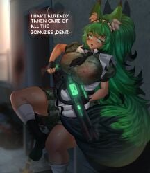1girls big_breasts dominant female fox_ears fox_girl green_eyes green_hair gun holding_gun holding_shotgun huge_breasts isabella_athenae keniaai left_4_dead_2 long_hair maid maid_outfit maid_uniform milf military_uniform references service shotgun sitting taller_girl tsundere wolf_ears zombies