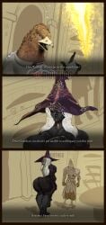 anthro armor big_ass big_breasts big_butt big_lips bird black_body busty cleavage comic dark-skinned_female dark_skin dialogue elden_ring elden_ring_nightreign feet guardian_(nightreign) hat highres huge_ass huge_breasts huge_butt mouthgg object_in_ass plump_labia recluse_(nightreign) thick_ass thick_thighs white_hair wide_hips witch_hat