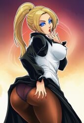 ai_generated bimbo blonde_hair blue_eyeshadow fatal_fury feminization hypnosis king_of_fighters mascara mature_(kof) mature_(kof)_(cosplay) red_lipstick rule_63 sano-br snk terry_bogard