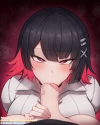 2girls belle_(zenless_zone_zero) black_choker black_hair blush breasts bright_pupils censored choker colored_inner_hair commentary_request ellen_joe ellen_joe_(on_campus) fellatio futa_with_female futanari hair_ornament hand_on_another's_crotch highres large_breasts looking_at_viewer mole mole_under_eye mosaic_censoring multicolored_hair multiple_girls multiple_moles oral penis pov pov_crotch razor_blade_hair_ornament red_background red_eyes red_hair rikuguma shirt short_hair steam swept_bangs tongue tongue_out two-tone_hair veins veiny_penis white_pupils white_shirt x_hair_ornament zenless_zone_zero