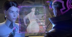 3d artist_request bikini_bottom blackmail dark_skin dat_ass edit fake_screenshot female g-string hairbun huge_breasts katya_volskaya light_skin milf office overwatch overwatch_2 screencap screenshot screenshot_edit sombra third-party_edit thong topless