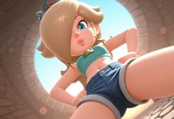 1girls 2025 3d accurate_art_style ai_generated background blonde_hair blue_eyes civitai cobblestone crop_top crown d3rmal earrings eyebrows eyelashes female hand_on_hip head_tilt lips long_hair looking_at_viewer mario_(series) mario_kart mario_kart_tour mario_kart_world nintendo princess_rosalina shorts sky smug spread_legs tagme
