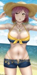 1girls about_to_lactate aged_up aportinanystorm armpits beach big_breasts bikini breasts d4dj female gold_eyes hat inuyose_shinobu necklace ocean outdoors pink_hair seashell short_shorts swimsuit twitter_username water watermark