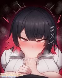 2girls :>= belle_(zenless_zone_zero) black_hair blush breasts bright_pupils censored colored_inner_hair commentary_request cum cum_in_mouth cum_on_body cum_on_penis ellen_joe ellen_joe_(on_campus) fellatio female futa_with_female futanari hair_ornament hand_on_another's_crotch heart highres intersex large_breasts looking_at_viewer mole mole_under_eye mosaic_censoring multicolored_hair multiple_girls multiple_moles oral penis pov pov_crotch razor_blade_hair_ornament red_background red_eyes red_hair rikuguma rolling_eyes shirt short_hair steam swept_bangs twitching two-tone_hair white_pupils white_shirt x_hair_ornament zenless_zone_zero