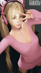1girl animal_ear_headphones animal_ears black_legwear black_thighhighs blonde_hair breasts cat_ear_headphones cat_ears choker clothing dress fake_animal_ears female female_only foulveins green_eyes headphones heart_choker high_resolution legwear lips long_hair looking_at_viewer lucky_chloe nose pink_choker small_breasts smile solo sweater sweater_dress tekken tekken_7 thighhighs tied_hair twintails v v_over_eye very_long_hair