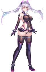 amahara_kuon bare_shoulders black_gloves blush boots breasts closed_mouth corruption covered_navel dark_persona elbow_gloves evil_quartz female full_body gloves gradient_hair grey_hair headgear highleg highleg_leotard highres horns impossible_clothes impossible_leotard kutan large_breasts leotard long_hair looking_at_viewer microskirt multicolored_hair original pubic_tattoo purple_eyes simple_background skin_tight skirt smile solo standing tachi-e tattoo thigh_boots thighhighs transparent_background twintails white_background white_hair