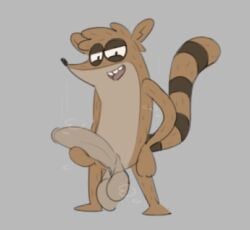 anthro big_balls big_penis cartoon_network gray_background holding_penis jasbun07 male male_only musk_clouds raccoon regular_show rigby_(regular_show) smile solo_male uncut uncut_penis