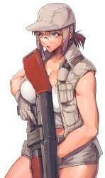 baseball_cap belt breasts brown_eyes brown_hair female fio_germi glasses gun hat highres holding holding_gun holding_weapon large_breasts madsensei metal_slug midriff open_mouth ponytail round_eyewear short_hair short_shorts shorts simple_background solo vest weapon white_background