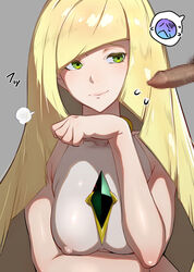 1boy 1girls aether_foundation blonde_hair breast_squeeze breasts censored dark_penis disembodied_penis erect_nipples faceless_male female foreskin green_eyes grower_not_a_shower human iku_(ikuchan_kaoru) intact little_penis long_hair looking_to_the_side lusamine_(pokemon) male_pubic_hair mosaic_censoring nintendo nipples penis pokemon pokemon_sm revision sad sigh small_penis smile smirk steam straight tiny_penis uncut unretracted_foreskin veiny_penis yellow_hair