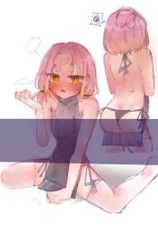 1girls annoyed ass back_view blush breasts d4dj flustered gold_eyes inuyose_shinobu panties pink_hair small_breasts speech_bubble sweat sweaty_back virgin_killer_sweater yuyou_ygo