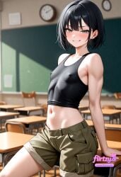 ai_assisted ai_generated analog_clock bare_shoulders black_hair blurry blurry_background blurry_foreground blush breasts chair chalkboard classroom clock covered_nipples depth_of_field desk ear_piercing earrings female flirtzy.ai grin indoors jewelry logo looking_at_viewer motion_blur navel on_desk piercing school_chair school_desk short_hair shorts sitting_on_desk small_breasts smile solo table tank_top wall_clock