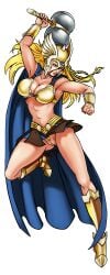 armor armpits bikini_armor blonde_hair blue_cape blue_eyes boots braid breastplate breasts cape cg cleavage female full_body genderswap_(mtf) helmet hentai_heroes hildr_(hentai_heroes) kinkoid large_breasts long_hair navel official_art open_mouth panties parody pauldrons rule_63 shoulder_armor simple_background skirt solo thick_thighs thighs transparent_background underwear valkyrie vambraces weapon winged_helmet