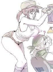 2girls ? bandana baseball_cap boots breasts brown_eyes brown_hair chair cleavage commentary_request crop_top desk_lamp fingerless_gloves fio_germi flying_sweatdrops from_side glasses gloves green_bandana green_vest grey_gloves grey_hat grey_shorts hat horse_girl kasamoto_eri lamp large_breasts leaning_forward long_hair looking_down madsensei metal_slug midriff multiple_girls muted_color open_mouth parted_lips round_eyewear short_shorts shorts sidelocks simple_background sketch solo_focus standing tank_top thighs vest white_background white_tank_top