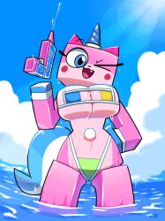 1girls anthro ass big_ass big_breasts big_butt bikini breasts cat_girl catgirl clothing domestic_cat female hi_res horn huge_breasts looking_at_viewer mammal micro_bikini minus8 outdoors pink_fur solo thick_thighs unicorn unikitty unikitty! unikitty_(series) water_gun