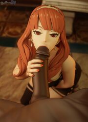 1boy 1girls 3d alternate_costume balls bangs bare_arms bare_shoulders bare_thighs black_bodice black_shorts black_thighhighs blunt_bangs bodice breasts celica_(fire_emblem) dark-skinned_male dark_skin dochaunt24 earrings fellatio female fire_emblem fire_emblem_echoes:_shadows_of_valentia fire_emblem_warriors from_above hand_on_own_thigh hand_up indoors interracial kneeling kneeling_oral_position large_penis light-skinned_female light_skin long_hair looking_at_viewer looking_up male male_pov medium_breasts nail_polish nintendo official_alternate_costume oral orange_eyes orange_hair orange_nails penis penis_grab pov sex shorts shoulders table testicles thighhighs thighs tiara