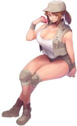 baseball_cap belt box breasts brown_belt brown_eyes brown_footwear brown_hair brown_hat brown_shorts brown_socks brown_vest cleavage collarbone commentary_request crop_top crop_top_overhang female fio_germi full_body glasses hat heart-shaped_box highres holding huge_breasts invisible_chair knee_pads looking_at_viewer madsensei metal_slug open_mouth ponytail round_eyewear shoes short_shorts shorts simple_background sitting sleeveless sleeveless_jacket socks tank_top thighs utility_vest valentine vest white_background white_tank_top wristband