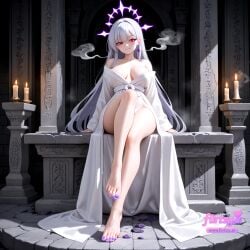 ai_assisted ai_generated bare_shoulders barefoot black_nails blue_nails breasts cigarette cleavage collarbone cross cross_earrings earrings feet female flirtzy.ai jewelry large_breasts long_hair looking_at_viewer nail_polish off_shoulder pink_nails purple_nails red_eyes red_nails sitting smile solo toenail_polish toenails very_long_hair white_hair