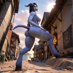 1girls ai_generated alleyway ass big_breasts black_hair blue_eyes blue_skin draenei draenei_female female female_only glowing_eyes glowing_tattoo horns looking_at_viewer nowrin ponytail sand sling_bikini solo stable_diffusion standing tattoo warcraft world_of_warcraft