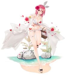 ass_visible_through_thighs azur_lane bare_shoulders basket bikini black_background black_prince_(azur_lane) black_prince_(white_princess)_(azur_lane) blush bow bracelet breasts cg cleavage collarbone female flower frilled_bikini frills front-tie_bikini_top front-tie_top full_body hair_between_eyes hair_bun hair_flower hair_ornament hair_ribbon hairband halterneck hibiscus holding holding_basket large_breasts leg_up looking_at_viewer medium_hair nail_polish navel official_alternate_costume official_art open_mouth outstretched_arm petals pink_eyes pink_hair red_eyes red_flower red_hair rock sandals short_hair skindentation smile solo standing standing_on_one_leg stomach swimsuit thigh_strap thighs toenail_polish toenails toes towel transparent_background water white_bikini
