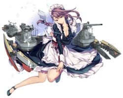 apron azur_lane black_background black_footwear blue_eyes blush bow braid breasts brown_hair cannon cg cleavage closed_mouth collarbone curlew_(azur_lane) dress female frills full_body head_tilt high_heels juliet_sleeves large_breasts long_hair long_sleeves looking_at_viewer machinery maid maid_apron maid_headdress medium_breasts official_art puffy_sleeves purple_hair rigging shoes sidelocks simple_background single_braid sleeve_cuffs smile solo transparent_background turret waist_apron