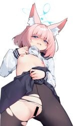animal_ears bar_censor black_pantyhose black_skirt blue_archive blue_halo blue_sailor_collar blush braid censored chinese_commentary clothes_lift female flat_chest fox_ears fox_girl from_below halo highres lifting_own_clothes medium_hair niko_(blue_archive) nipples oerba_yun_fang open_mouth painterliuhao pantyhose pink_hair purple_eyes sailor_collar school_uniform serafuku shirt_lift simple_background skin_fang skirt skirt_lift solo thighs torn_clothes torn_pantyhose white_background white_serafuku