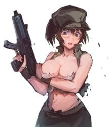 arm_under_breasts bare_shoulders breasts brown_eyes brown_hair cleavage collarbone commentary_request cowboy_shot crop_top female fio_germi glasses green_hat green_vest gun hat holding holding_gun holding_weapon large_breasts looking_down madsensei metal_slug midriff navel open_clothes open_mouth open_vest popped_collar round_eyewear simple_background solo submachine_gun tank_top teeth torn_clothes torn_tank_top torn_vest trigger_discipline upper_teeth_only vest weapon white_background white_tank_top wristband