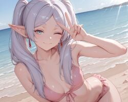 1girls ai_generated background beach bikini bikini_bottom bikini_top blue_eyes breasts earrings elf elf_ears elf_female female frieren frieren_beyond_journey's_end happy looking_at_viewer peace_sign pink_bikini sfw silver_hair small_breasts smile sousou_no_frieren summer wink winking_at_viewer