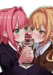 1boy 2girls absurdres bar_censor black_jacket blazer blush brown_cardigan cardigan censored collared_shirt commentary_request cooperative_fellatio cum erection fellatio green_eyes hair_intakes hanazono_hakari highres inda_karane interlocked_fingers jacket kimi_no_koto_ga_dai_dai_dai_dai_daisuki_na_100-nin_no_kanojo licking licking_penis long_hair looking_at_another multiple_girls neck_ribbon ohananomitsu_high_school_uniform oral orange_eyes orange_hair penis pink_hair pov pov_crotch red_ribbon ribbon school_uniform shashadog18 shirt short_hair simple_background straight teamwork_(sexual) white_background white_shirt