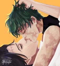 1boy1girl black_hair female green_hair jujutsu_kaisen kissing male muscular muscular_female tomboy yuta_okkotsu zenin_maki