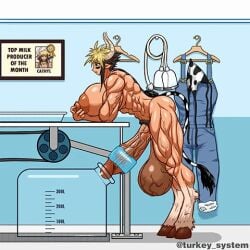 animated anthro breastmilk brown_hair cathyl_(monster_musume) dark-skinned_futanari futanari hooves horns huge_balls huge_breasts huge_cock jar lactation masturbation monster_musume_no_iru_nichijou muscular muscular_futa rubbing_nipples tail veiny_balls