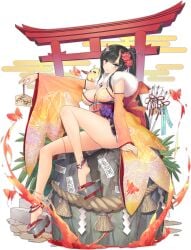 animal anklet arrow_(projectile) azur_lane bare_legs bare_shoulders bell bird black_background black_hair blue_eyes breasts bug butterfly cg cleavage closed_mouth detached_sleeves female fire floral_print flower folding_fan full_body fur_collar fur_trim geta hair_flower hair_ornament hamaya hand_fan horns japanese_clothes jewelry kimono lantern large_breasts legs long_hair long_sleeves looking_at_viewer nail_polish official_alternate_costume official_art ofuda oni ponytail purple_eyes red_flower red_nails rope ryuuhou_(azur_lane) ryuuhou_(firebird's_new_year_dance)_(azur_lane) sandals sash shide shimenawa sitting smile solo thighs torii wide_sleeves