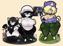 3girls :< animal_ears beanie bell bikini black_hair blonde_hair breasts cat_ears cat_girl cat_tail cleavage cleavage_cutout clothing_cutout collar furry_female gloves green_pants hair_over_one_eye hat huge_breasts jeli_(jelitrixx) lafreakysky large_breasts multiple_girls navel neck_bell pants plump ramirez_(jelitrixx) reference_inset short_hair swimsuit tagme tail thick_thighs thighhighs thighs tongue tongue_out