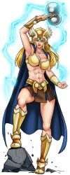 abs armor armpits aura bikini_armor black_background blonde_hair blue_cape blue_eyes boots bracer braid breastplate breasts cape cg cleavage female full_body helmet hentai_heroes hildr_(hentai_heroes) kinkoid large_breasts long_hair looking_at_viewer muscular muscular_female navel official_art parody pauldrons rock shoulder_armor skirt smile solo thick_thighs thighs valkyrie weapon winged_helmet