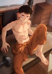 1boy abs angry bandaid bandaid_on_face barbell barefoot beitemian betm big_areola big_eyes brown_hair collarbone desk drawer enen_no_shouboutai feet fingernails fire_force firefighter folded_leg frown gay hi_res high-angle_view indoors kusakabe_shinra looking_at_viewer magenta_eyes male male_only mature_male muscles muscular muscular_male navel no_visible_genitalia office pecs shinra_kusakabe short_hair sitting sitting_on_desk spread_legs tiled_floor toenails toes topless tough_guy yaoi young