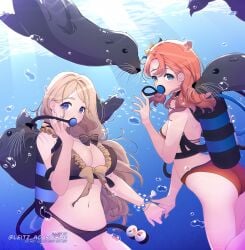 2girls annette_fantine_dominic artist_name bikini blonde_hair blue_eyes busty cleavage female fire_emblem fire_emblem:_three_houses holding_hands leitz_acaroline light-skinned_female light_skin mercedes_von_martritz orange_hair scuba sea_lion swimsuit underwater