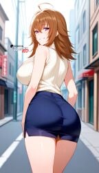 ahoge ai_generated ass ass_focus bare_shoulders beige_open-chest_sweater beige_ribbed_sweater beige_sweater boosterred99 brown_hair cleavage cleavage_cutout clothing_cutout covered_nipples dark_blue_skirt from_behind from_behind_position hair_between_eyes high_school_dxd illustrious_(stable_diffusion) large_breasts looking_back medium_hair meme_attire naughty_face outdoors pencil_skirt pony_diffusion_xl purple_eyes reach sleeveless street thighs turtleneck venelana_gremory