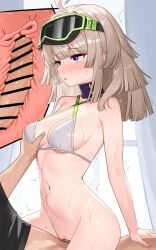 1boy aa-12_(girls'_frontline) absurdres bar_censor bare_shoulders bikini blush bottomless breasts brown_hair censored commentary cross_section english_commentary female girls'_frontline girls'_frontline_2:_exilium goggles goggles_on_head groping heart heart_censor highres long_hair medium_breasts nabiyan navel paid_reward_available purple_eyes pussy sex stomach_bulge straight sweat swimsuit uterus white_bikini