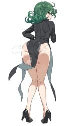 absurdres ass bare_legs black_dress black_shoes commentary curly_hair dress female from_behind green_eyes green_hair high_heels highres long_sleeves looking_back no_panties one-punch_man pelvic_curtain q_haoyu shiny_skin shoes simple_background solo steaming_body sweat symbol-only_commentary tatsumaki white_background wide_hips