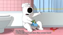 3_toes balls brian_griffin canid canine caught_in_the_act caught_masturbating collar dialogue family_guy feet fur genitals hi_res letodoesart magazine male mammal masturbation solo toes white_body white_fur