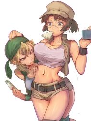 2girls bandana belly_grab belt blonde_hair breast_envy breasts brown_eyes brown_hair cowboy_shot crop_top female fio_germi food food_in_mouth glasses hat holding_food holding_sandwich kasamoto_eri knee_pads large_breasts madsensei metal_slug midriff multiple_girls navel pinching ponytail sandwich short_shorts shorts sidelocks simple_background snk vest white_background