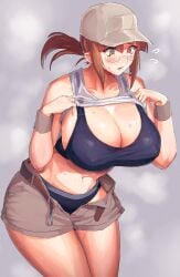 bare_shoulders belt black_bra black_panties blush bra breasts brown_belt brown_hair brown_hat brown_shorts cleavage clothes_lift collarbone commentary_request covered_erect_nipples cowboy_shot female fio_germi flying_sweatdrops glasses grey_background hat highres huge_breasts leaning_forward lifting_own_clothes long_hair looking_down madsensei metal_slug oekaki open_belt open_fly panties panties_day parted_lips ponytail see-through_clothes shirt_lift short_shorts shorts sidelocks solo standing sweat tank_top underwear white_tank_top wristband